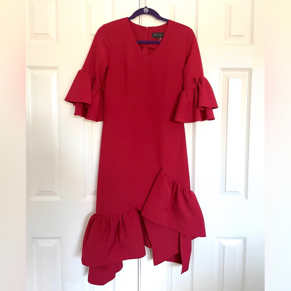 Red Asymmetrical Flare Sleeves Dress